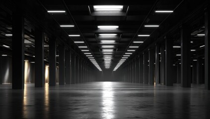 Vibrant photo of Empty dark industrial hall with rows of pillars and bright ceiling lights