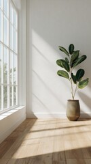 Vibrant photo of Minimalist interior room with sunlight shadows on white wall, wooden floor and potted rubber plant near window