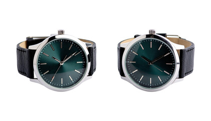 Black leather watch with dark green dial and silver case an isolated on a white background.