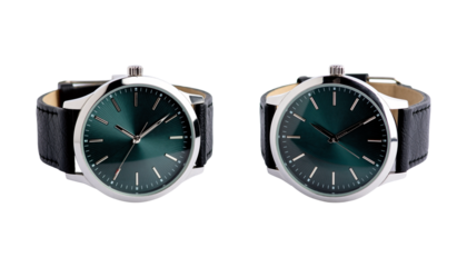 Black leather watch with dark green dial and silver case an isolated on a white background.