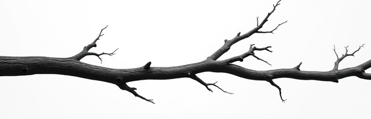 Blackened tree branch lies starkly against a plain white backdrop. The skeletal form suggests winter dormant or aftermath of fire. Minimalist natural element.