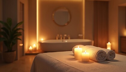 Soft lit spa room with bathtub, towels, and lit candles. Massage bed ready for treatment, creating serene atmosphere for relaxation and wellness.