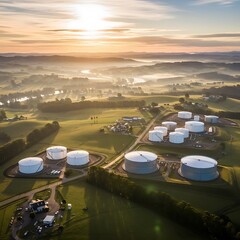 Large industrial storage tanks dot a verdant landscape under the morning sun