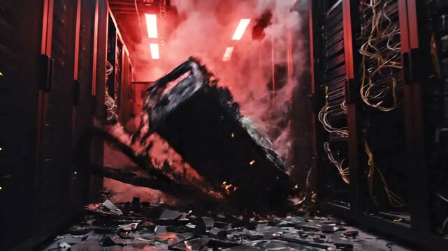 Dramatic server room fire with sparks and smoke amidst technology chaos