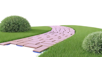 Curving Stone Pathway Through Green Grass and Bushes