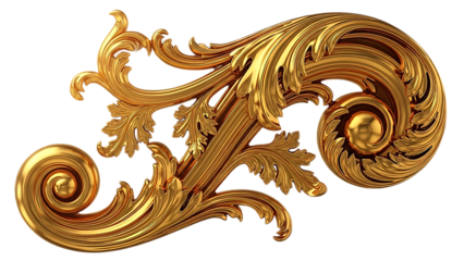 Golden ornate scrollwork design element isolated on transparent background