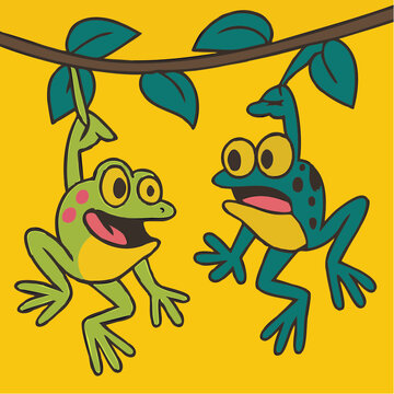branch buddies: two frogs dangle in delight&mdash;one bold, one baffled&mdash;against a sunny splash of yellow