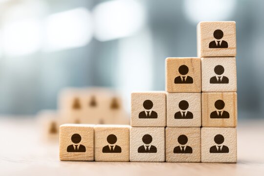 Stacked wooden blocks with people icons, representing workforce structure, team growth, and organizational hierarchy in a business environment.