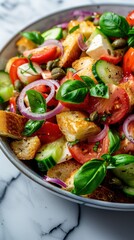 Traditional Italian Panzanella Salad Mozzarella Capers Croutons Marble Background Summer Vibe