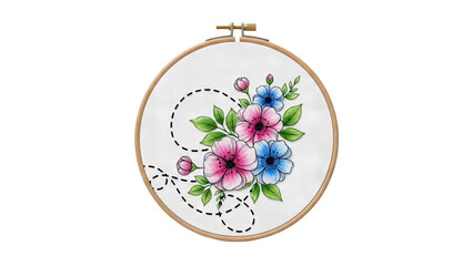 Embroidery hoop with pink and blue flowers and dotted line