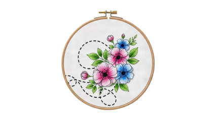 Embroidery hoop with pink and blue flowers and dotted line