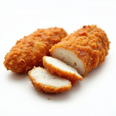 Crispy fried chicken breast fillet, sliced. Juicy white meat inside golden brown breading. Perfect for quick meals and fast food menus. Delicious appetizer.