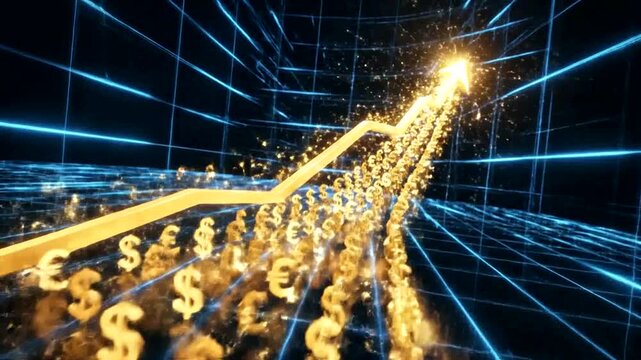 Dynamic financial growth visualization with glowing currency symbols in motion