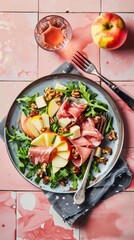 Arugula Prosciutto Salad with Apple Cheese Walnuts Rustic Plate Pink Tile Background