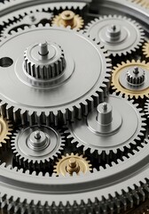 Intricate assembly of interlocking metallic machine components displays precise engineering