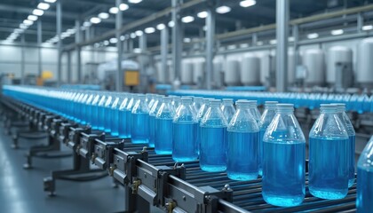 Fototapeta premium Bottles with blue liquid move along a conveyor belt in a modern factory. Automated production line fills containers with beverage or chemical. Industrial manufacturing process indoors.