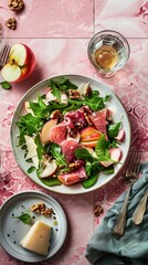 Arugula Prosciutto Salad with Apple Cheese Walnuts Rustic Plate Pink Tile Background