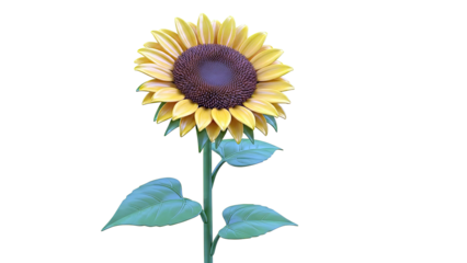 Single Sunflower with Green Stem and Leaves on White Background