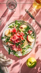 Arugula Prosciutto Salad with Apple Cheese Walnuts Rustic Plate Pink Tile Background