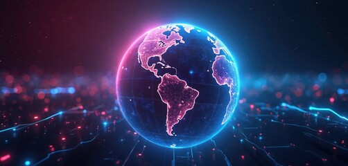 Glowing neon earth model floats in digital cyberspace with glowing data streams. Futuristic network connects planet in abstract dark background. Global connection concept.