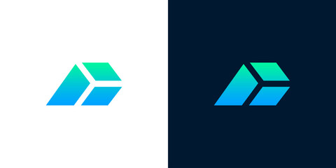 Modern abstract geometric letter A or arrow logo design, featuring a dynamic blue-green gradient, ideal for technology, startup, or forward-thinking business branding and digital concepts