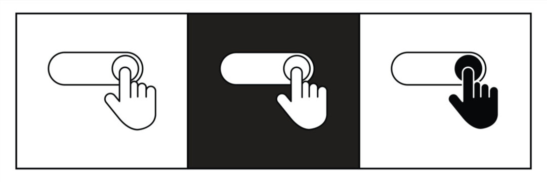 Finger icon on a switch. Hand dragging a slider. On and off buttons. Vector 10 Eps.