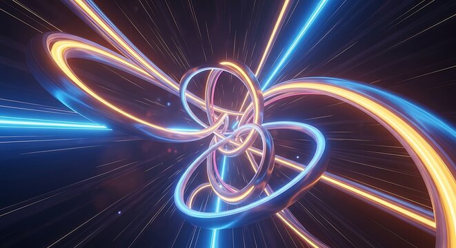 Intertwined neon light trails move rapidly through a dark abstract space - Powered by Adobe