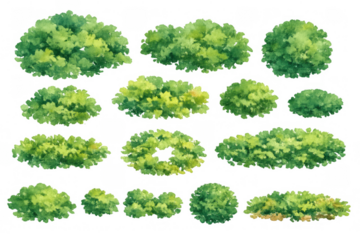 Various green watercolor bushes and shrubs on transparent background, natural foliage elements for landscape design