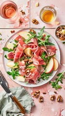 Arugula Prosciutto Salad with Apple Cheese Walnuts Rustic Plate Pink Tile Background