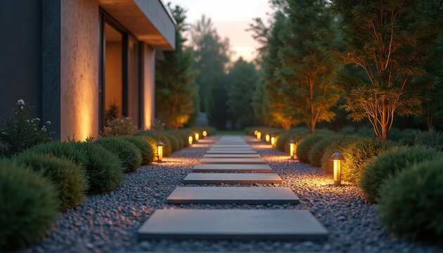 Modern home exterior pathway with stone pavers, gravel, manicured bushes, and warm garden lights. Lush green trees flank the tranquil walkway leading to a serene, softly lit house.