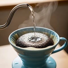 Hot water precisely pours from a gooseneck kettle onto freshly ground coffee during a manual brewing process