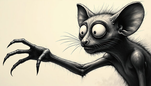 Black and white illustration of a strange aye aye reaching out with its long fingers. Its big eyes stare forward. The creature has large ears and sharp claws.
