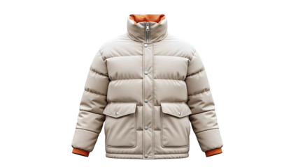 Beige Puffer Jacket with Orange Collar and Cuffs