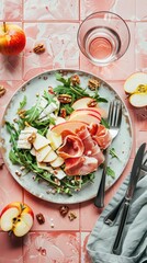 Arugula Prosciutto Salad with Apple Cheese Walnuts Rustic Plate Pink Tile Background