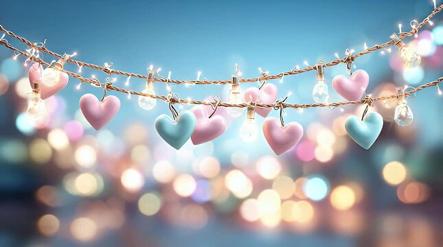 A romantic evening scene featuring a string of heart-shaped lights hanging above a blurred cityscape with colorful lights on a clear blue night sky