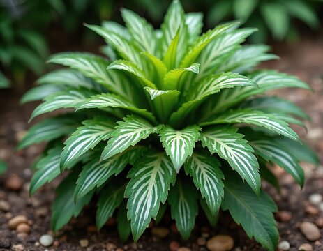 A chaya plant, also known as Cnidoscolus chayamansa, displays vibrant green leaves with striking white stripes. This leafy herb grows low to the ground, rooted in soil with small pebbles visible.