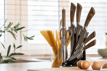 Set of knives with eggs and pasta on table in kitchen