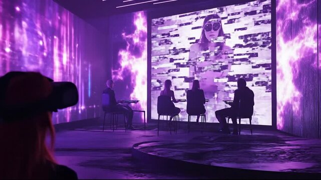 People experiencing virtual reality in a futuristic, glowing purple room.