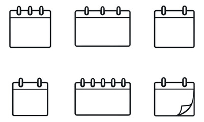 Simple line art calendar icon set featuring various blank pages and spiral bindings for planning and scheduling
