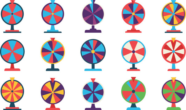 Flat style vector icon set of various colorful fortune wheels for lucky draws gambling games and prize giveaways