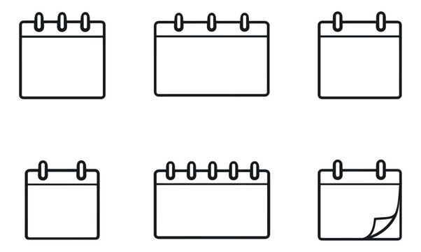 Simple line art calendar icon set featuring various blank pages and spiral bindings for planning and scheduling