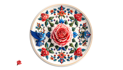 Decorative plate with floral and bird motif, intricate design on white