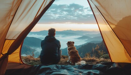 Man and Dog Sharing a Tent View During Camping. Pets + Human Bonding. A man and his dog huddled together inside an open tent looking out at a vast misty mountain landscape in the early morning.

