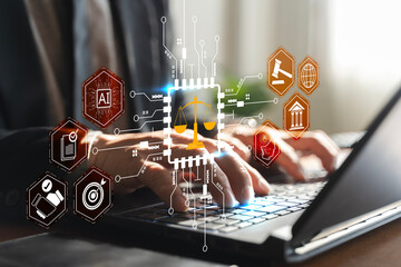 AI Legal Technology and Digital Justice Concept with Lawyer Typing on Laptop