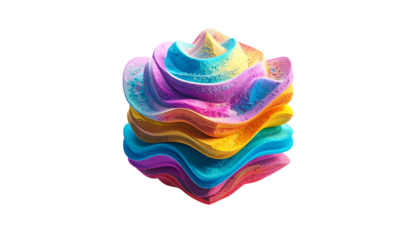 A vibrant, layered abstract shape with a gradient of colorful hues