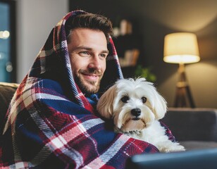 Man and Dog Watching TV Under a Blanket. Pets + Human Bonding. A man and his small dog huddled together under a plaid blanket on a sofa both looking at an unseen TV screen.
