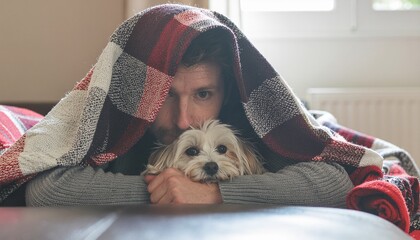 Man and Dog Watching TV Under a Blanket. Pets + Human Bonding. A man and his small dog huddled together under a plaid blanket on a sofa both looking at an unseen TV screen.

