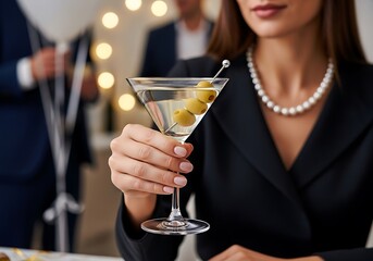 Elegant woman holds martini cocktail garnished with olives at an indoor celebration