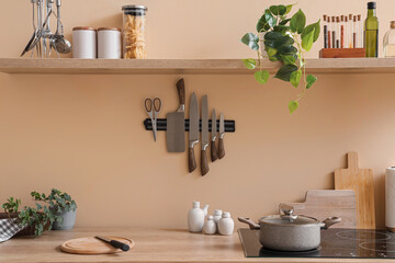 Magnetic holder with knives on light wall in kitchen