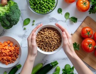 Overhead View of Pet Food Preparation. Pets + Human Bonding. Two hands preparing a bowl of healthy pet food with added vitamins/supplements next to a clean cutting board and fresh vegetables.
